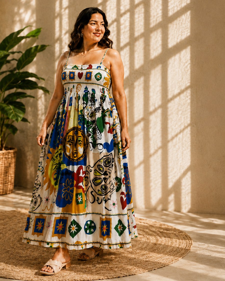 Vestido longo estampado multicolorido